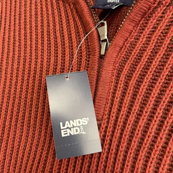 NEW Lands’ End Men’s M Ribbed Knit Sweater Mock neck Red Rust 100% Cotton - Picture 6 of 8